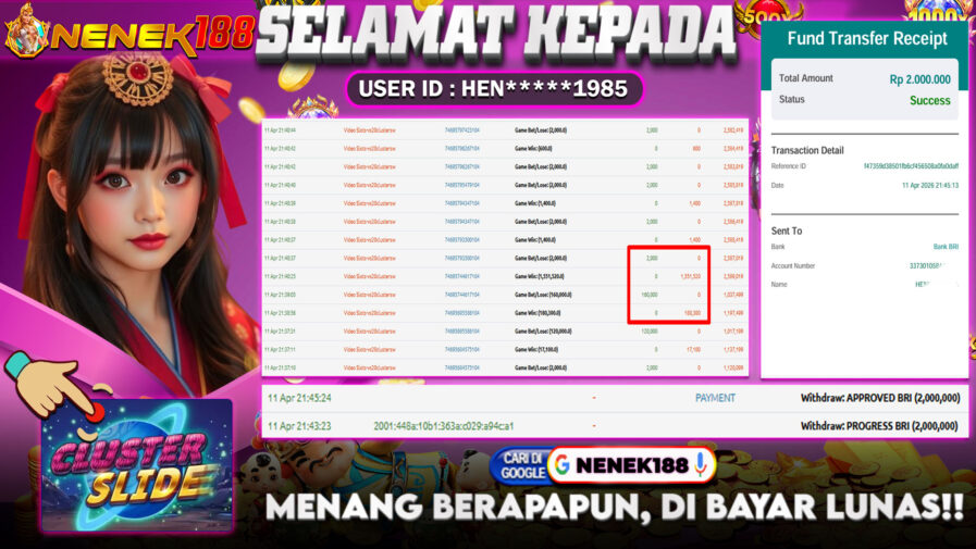 NENEK188 di Game Slot Cluster Slide RP.2.000.000 LUNAS bukti-12
