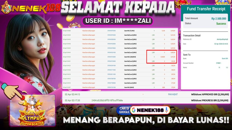 NENEK188 di Game Slot Gates Of Olympus Super Scatter RP.2.500.000 LUNAS