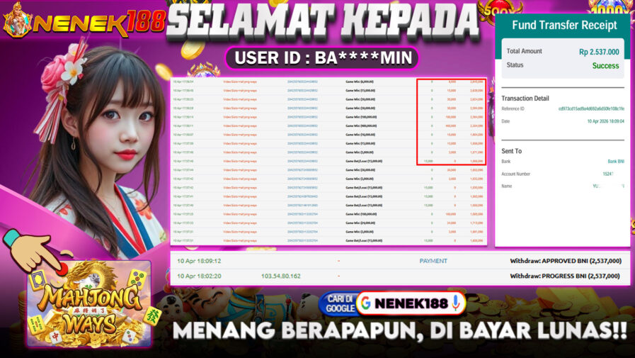 NENEK188 di Game Mahjong Ways RP.2.537.000 LUNAS bukti-9