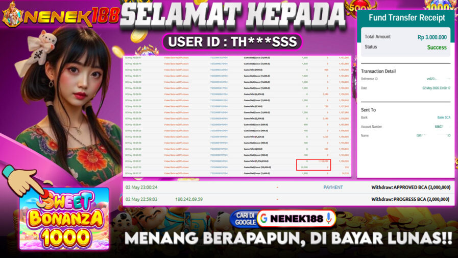 NENEK188 di Game Slot Sweet Bonanza 1000 RP.3.000.000 LUNAS bukti-21