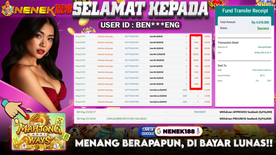 NENEK188 di Game Slot Mahjong Ways RP.4.016.000 LUNAS bukti-23