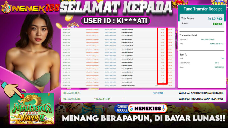 NENEK188 di Game Slot Mahjong Ways RP.3.047.000 LUNAS bukti-26