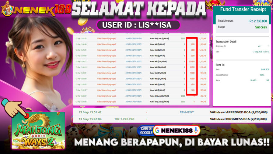 NENEK188 di Game Slot Mahjong Ways 2 RP.2.230.000 LUNAS bukti-31