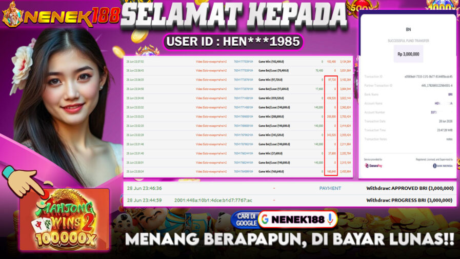 NENEK188 di Game Slot Mahjong Wins 2 RP.3.000.000 LUNAS bukti-48